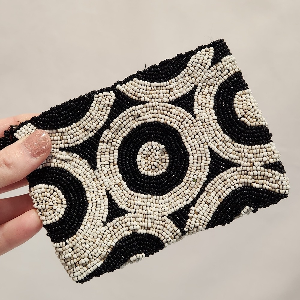 Vintage Style‎ Black White Beaded Geometric Coin Purse Zipper Pouch Card Holder